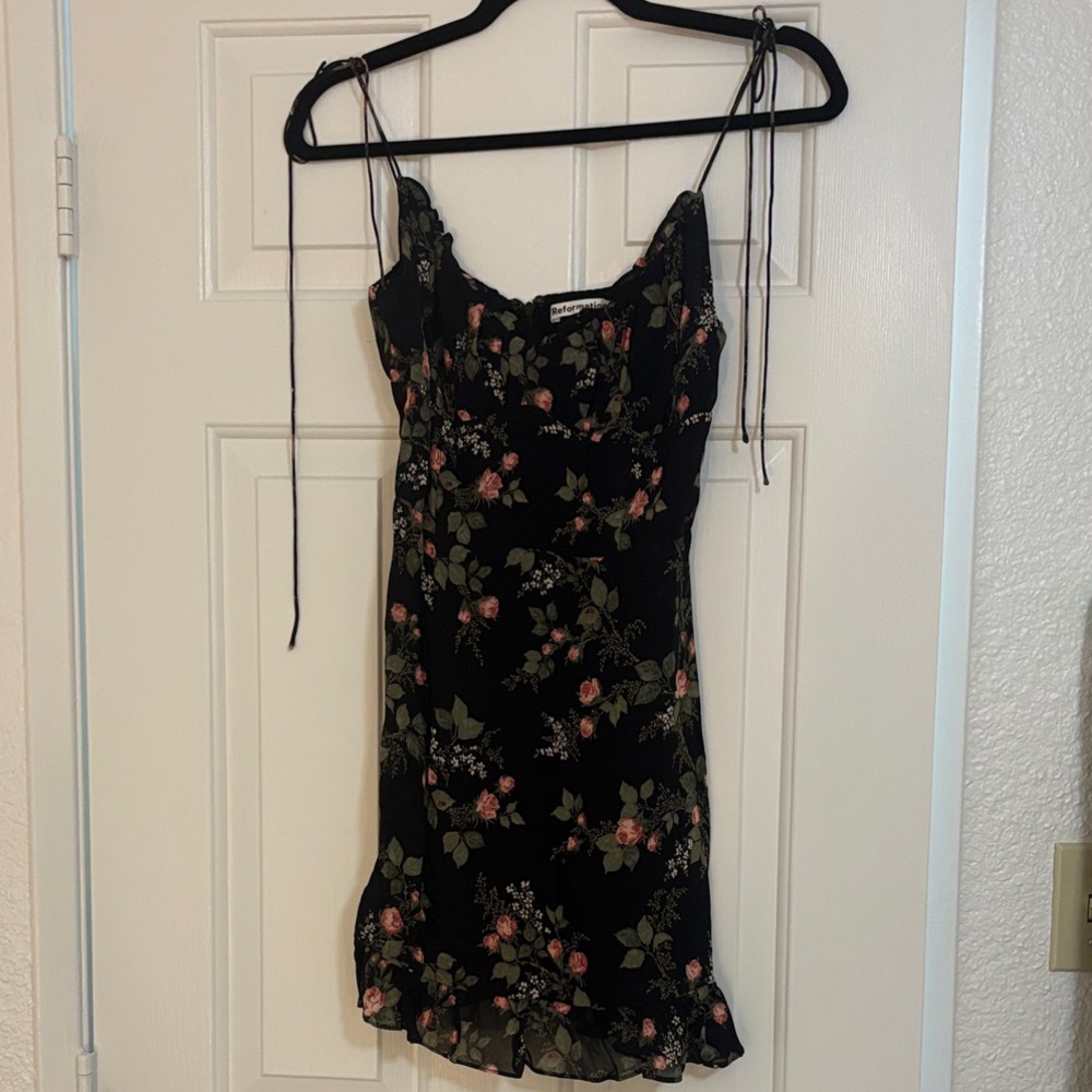 Reformation Black Dress with Pink and Green Floral Pattern